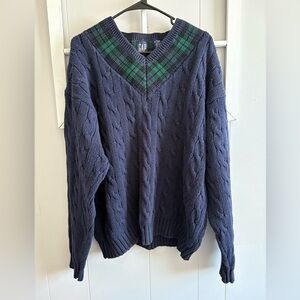 Women’s XL Vintage Gap Cable Knit 100% Cotton Sweater Navy & Green Plaid V Neck